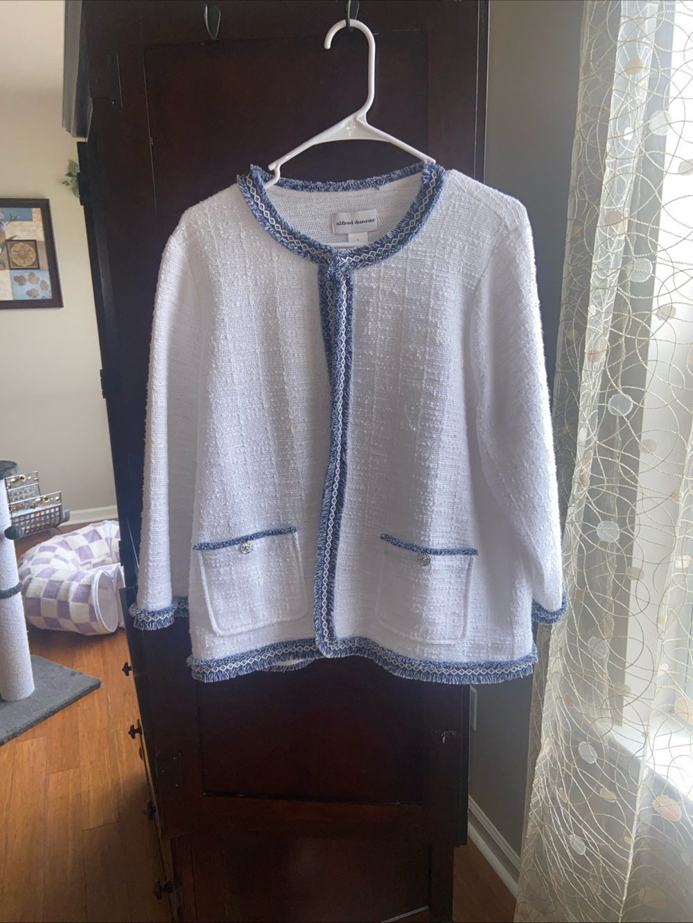 Alfred Dunner Ivory Bouclé Jacket with Blue Trim